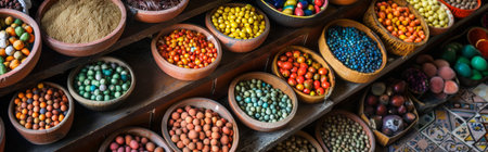 Assorted colorful seeds and grains in clay bowls on a wooden shelf, creating a vibrant and rustic market display.の素材