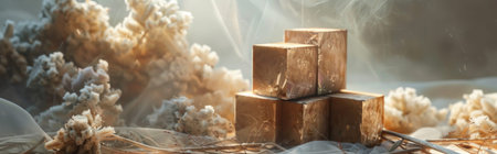 Beautiful handcrafted soap bars stacked with dried flowers and a smoky background. Ideal for themes related to handmade products, organic beauty, and natural skincare.の素材