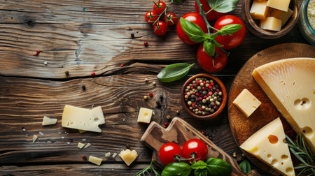 A rustic cheese board with various types of cheese, tomatoes, and fresh herbs, set on a wooden table. Perfect for culinary, rustic, and gourmet themes.の素材