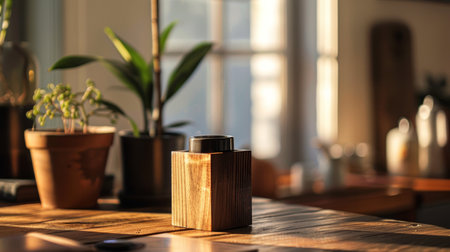 A wooden aroma diffuser in a cozy home setting with soft sunlight, plants, and a warm atmosphere. Perfect for themes of home decor, relaxation, and aromatherapy.の素材