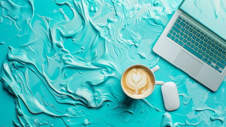Latte art coffee with a laptop and mouse on a vibrant turquoise background. Perfect for themes of coffee culture, workspaces, and vibrant colors.の素材
