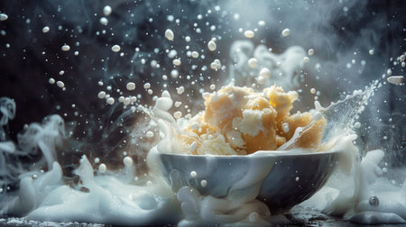 A dynamic splash of milk and ice cream in a bowl, captured in mid-air. The dramatic motion and creamy textures create a visually striking scene.の素材