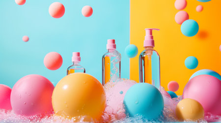 Colorful bath products surrounded by bubbles and floating balls. The playful and vibrant scene captures themes of cleanliness and fun in a bathroom setting.の素材