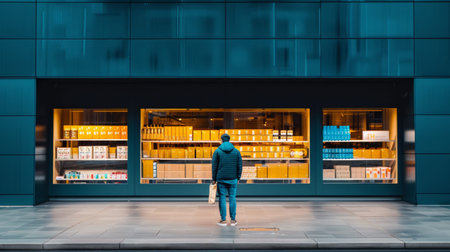 A person standing in front of a modern shop window, viewing the display inside. The urban and contemporary setup emphasizes themes of retail and city life.の素材