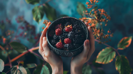 Hands holding a bowl of fresh blackberries and raspberries, with a blurred garden background. The vibrant and natural setup emphasizes themes of healthy eating and freshness.の素材