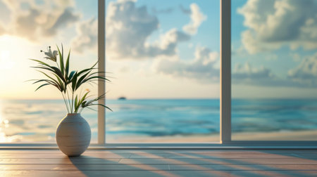 An elegant white vase with a green plant placed by the seaside. The serene ocean view and soft sunlight create a peaceful and calming ambiance.の素材