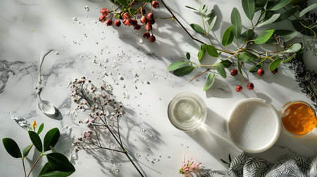Flat lay of botanical elements and natural ingredients, including leaves, flowers, and bowls, on a marble surface. Perfect for themes of natural beauty, wellness, and organic products.の素材