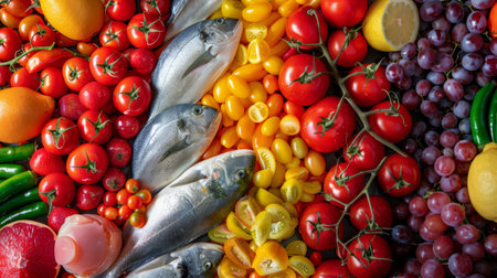 A vibrant assortment of fresh produce and fish arranged beautifully, showcasing a variety of colors and textures. Perfect for themes of healthy eating, cooking, and fresh ingredients.の素材