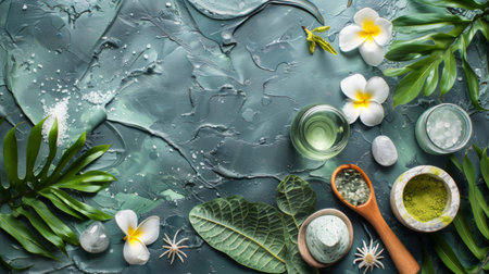 A top view of spa and wellness products arranged on a green textured background, emphasizing relaxation and natural beauty. Perfect for themes of self-care, beauty, and relaxation.の素材