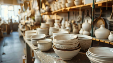 A collection of ceramic bowls and pots displayed in a pottery workshop, highlighting craftsmanship and artistic creation. Ideal for themes of pottery, artisans, and handmade crafts.の素材