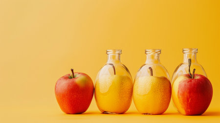 Creative arrangement of apples and pears placed in glass bottles against a yellow background. Ideal for themes of creativity, food, and unique presentations.の素材