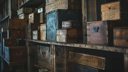 A collection of vintage wooden crates stored on shelves, perfect for themes of antiques, storage, and rustic decor.の素材