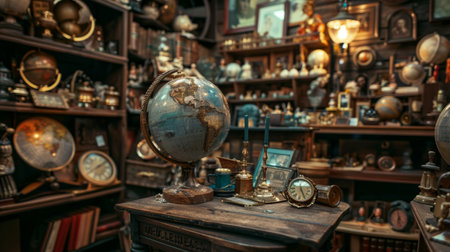 Antique globes and clocks displayed in a vintage store, creating a nostalgic and historical atmosphere. Ideal for themes of antiques, vintage decor, and history.の素材
