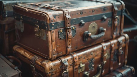 A stack of vintage leather suitcases, showcasing their antique charm and history. Ideal for themes of travel, nostalgia, and exploration.の素材