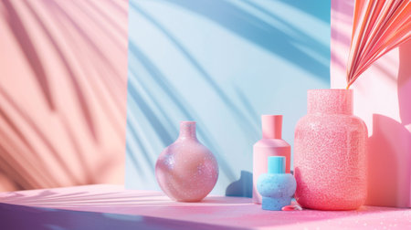 Modern pastel vases with shadows against a colorful background, creating a stylish and contemporary scene. Perfect for themes of decor, design, and minimalism.の素材