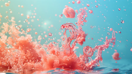 An abstract image of a splash of pink water suspended in mid-air against a blue background, capturing the dynamic movement and vibrant color in a stunning composition.の素材