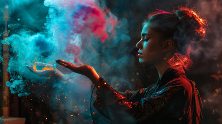 A mystical scene of a woman conjuring magic with smoke and light effects in vibrant colors, capturing a sense of fantasy and wonder.の素材