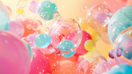 A delightful scene of pastel-colored bubbles in soft focus, creating a playful and dreamy image that evokes a sense of joy and whimsy.の素材