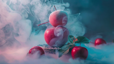 A creative arrangement of frozen apples with a misty background, evoking a sense of coolness and winter magic.の素材