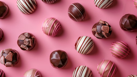 Variety of chocolate truffles with decorative toppings arranged on a pink background, showcasing different flavors.の素材