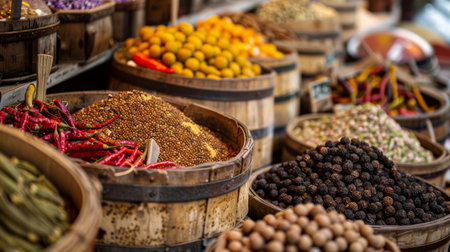 A colorful assortment of spices displayed in wooden barrels at a market, showcasing a variety of textures and colors.の素材