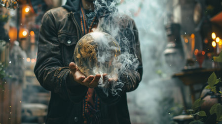 A man holding a mystical glass orb surrounded by smoke, creating an enigmatic and magical atmosphere.の素材