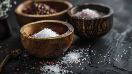 Various types of salts and spices in wooden bowls on a dark surface, showing different textures and colors.の素材