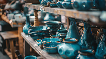 A variety of blue ceramic tableware, including bowls and vases, displayed on wooden shelves in a store.の素材