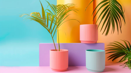 Three colorful planters with palm leaves against a vibrant yellow, orange, and blue background, creating a modern and cheerful aesthetic.の素材