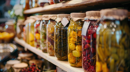A row of colorful jars filled with preserved vegetables and herbs on display at a market, showcasing a variety of pickled produce.の素材