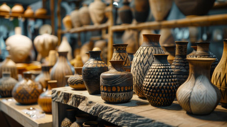 Various handcrafted pottery pieces on display in a shop, showcasing intricate designs and traditional craftsmanship.の素材