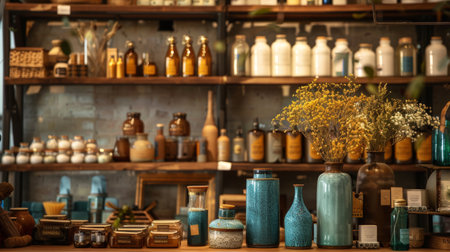 A variety of decorative items and plants arranged on shelves, creating a cozy and inviting interior space.の素材