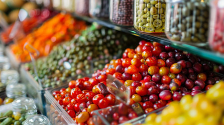 A vibrant display of fresh produce, including tomatoes, olives, and other vegetables, in a market setting. The colorful and bountiful arrangement highlights the freshness and variety of available food.の素材