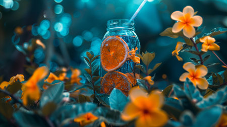 A glass jar filled with water and orange slices, surrounded by vibrant flowers. The image is refreshing and evokes a sense of natural beauty and freshness.の素材