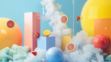 An abstract art piece featuring citrus fruits like grapefruits and oranges with colorful geometric shapes and clouds. The vibrant design evokes a playful and fresh atmosphere.の素材
