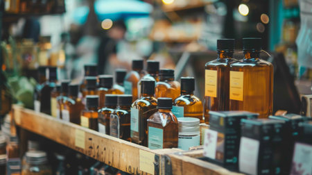 A variety of essential oils and tinctures arranged on a market stand. The natural lighting and rustic setting highlight the organic and handmade qualities of the products.の素材