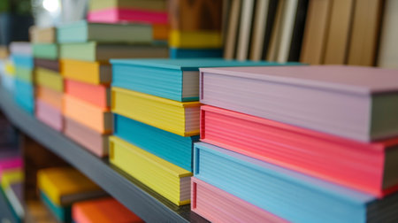 Stack of colorful books neatly arranged on a shelf, showcasing a variety of colors and sizes in a bookstore or library.の素材