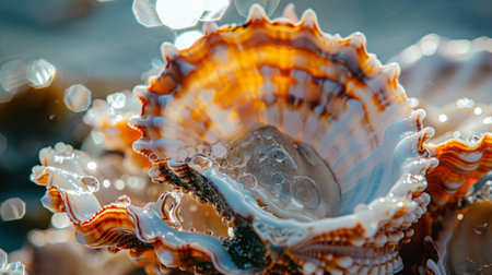 Close-up of a seashell with water droplets and bokeh effect, showing the intricate patterns and natural beauty of marine life.の素材