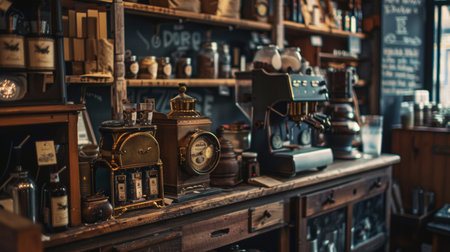 Vintage coffee shop interior with antique decor, creating a nostalgic and charming atmosphere with old-fashioned coffee equipment.の素材