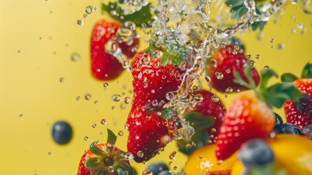 Fresh berries, including strawberries and blueberries, splashing in water against a vibrant yellow background, capturing a refreshing and dynamic moment.の素材