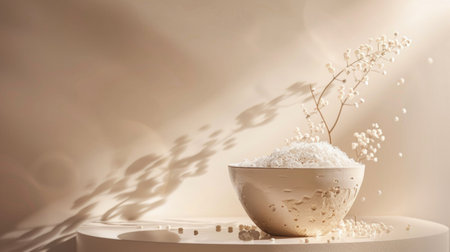 A serene still life featuring a bowl filled with rice grains, complemented by artistic lighting and shadow play.の素材