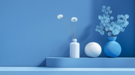 A minimalistic still life featuring blue flowers and vases against a blue background, creating a serene and modern visual aesthetic.の素材