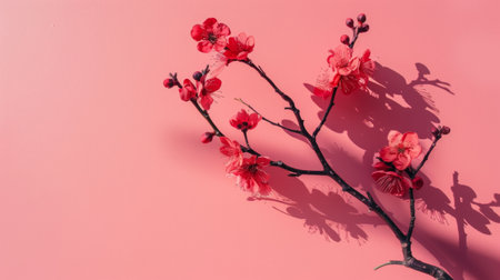 Red cherry blossoms against a pink background, showing a vibrant and contrasting floral composition.の素材