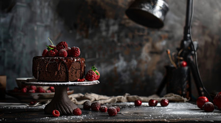 A decadent chocolate cake topped with fresh berries on a rustic wooden table, perfect for dessert and gourmet food themes.の素材