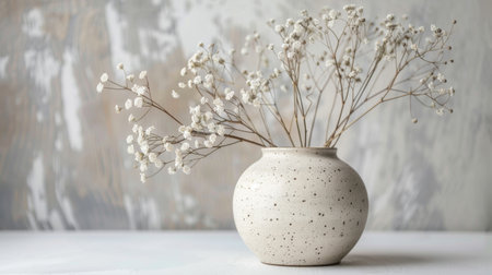 A minimalist ceramic vase with delicate dried flowers against a soft background, perfect for modern interior decor themes.の素材
