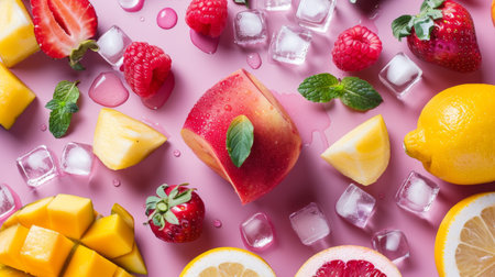 Assorted fresh fruits with ice cubes on a pink background, highlighting their vibrant colors and refreshing appeal.の素材