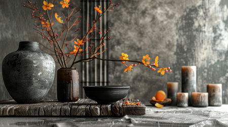 Rustic vases with autumn branches and candles arranged on a textured background, creating a cozy and seasonal atmosphere.の素材