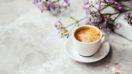 A white cup of coffee on a light marble background, accompanied by delicate flowers, creating a serene and calming scene.の素材