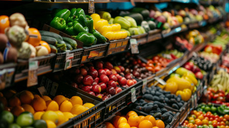 A grocery store produce aisle filled with a variety of fresh fruits and vegetables, showcasing the abundance and diversity of produce.の素材