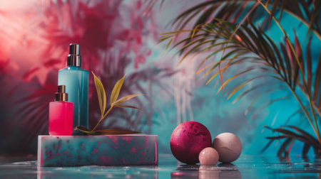 Stylish cosmetic bottles arranged against a colorful background, featuring a modern and trendy design with vibrant colors.の素材